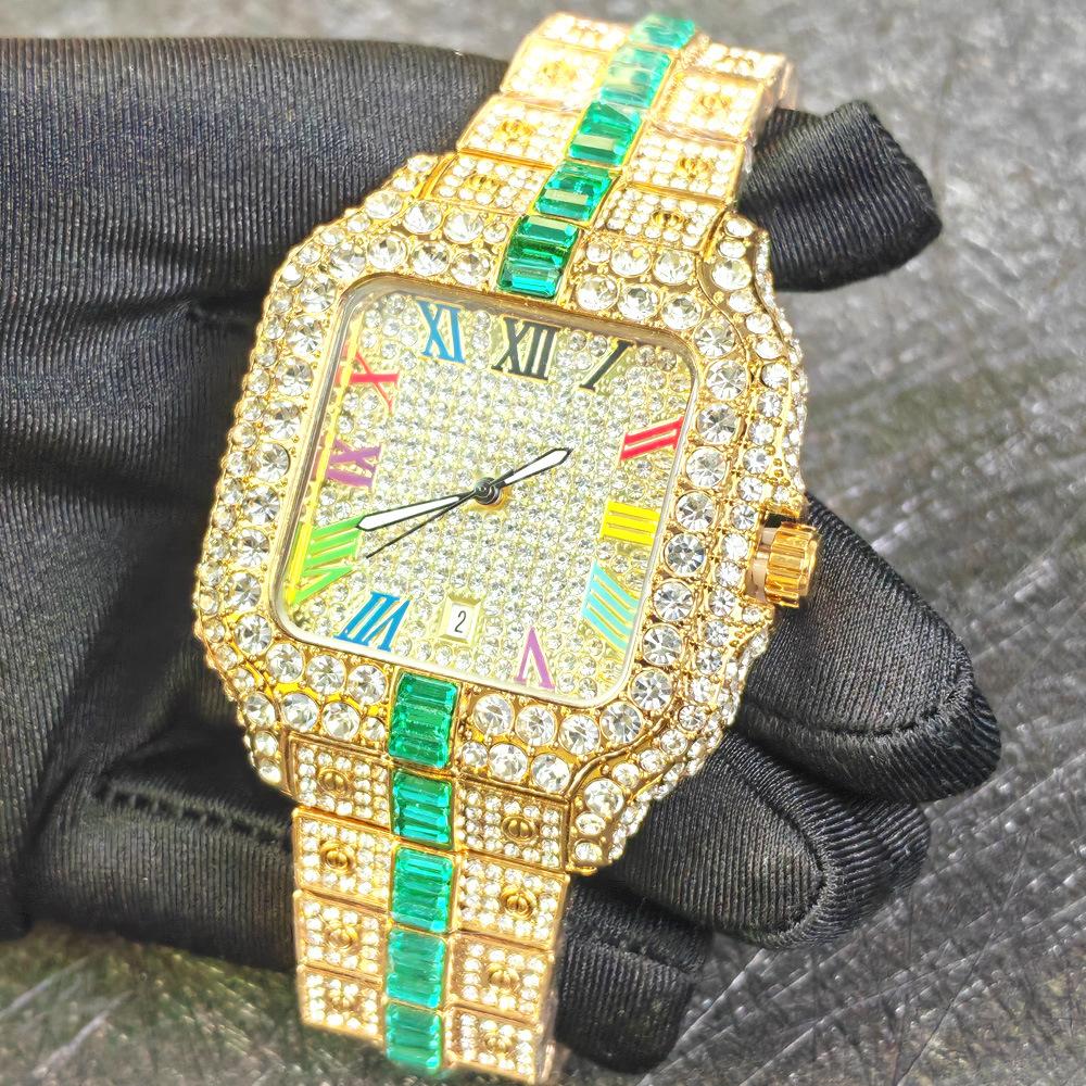 Men Quartz Watch Fashion Rainbow Digital Rome Dial Calendar Waterproof Hip Hop Diamond Wristwatch For Man Gift