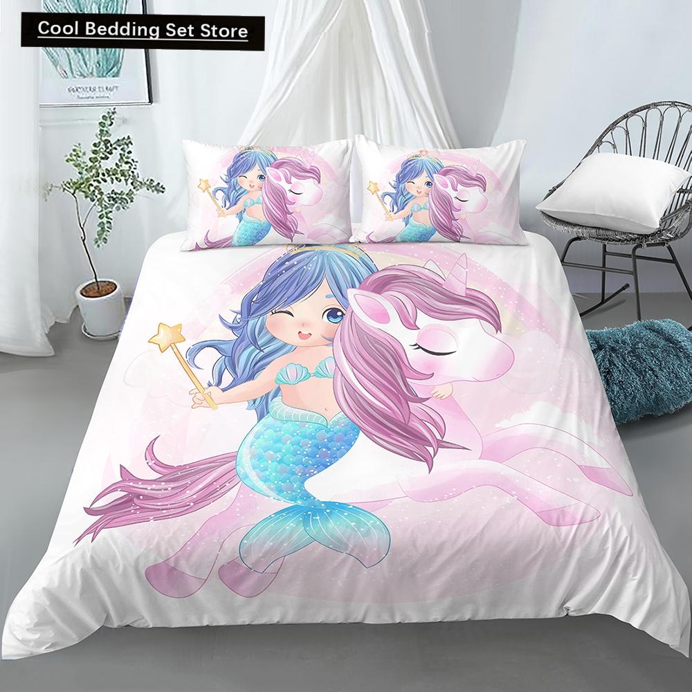 Bedding Set Crib Duvet Cover for Baby Kids Children Cartoon Mermaid Girls Princess King Queen Twin 2/3pcs Polyester Quilt Cover