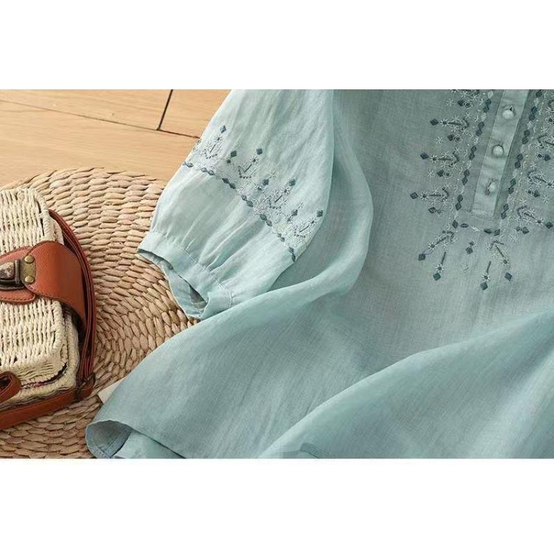 Retro Pure Cotton Five Quarter Sleeved Shirts Middle-aged Mom Loose Belly Covering Top Embroidered Women's Blouses & Shirts