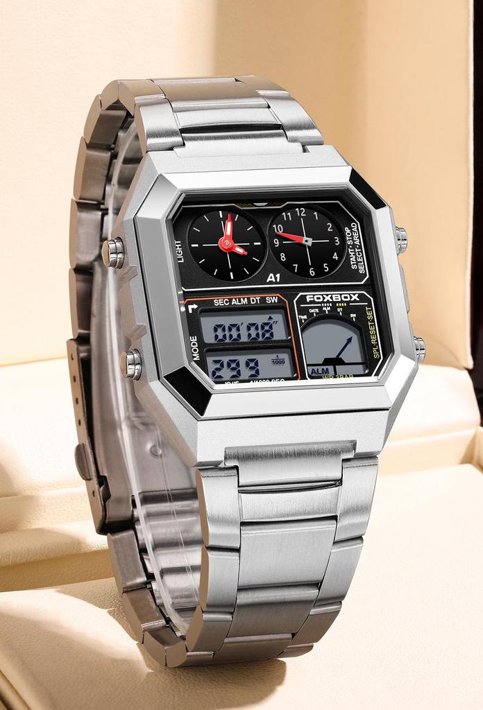 FOXBOX Men's Square Multifunctional Student Electronic Watch with Alarm and Waterproof Features