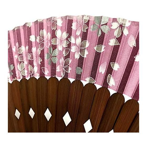 Kanzashi Silk Folding Fan for Women with Pouch, Cherry Blossom Pattern, Carved Ribs, Purple, 21.5cm