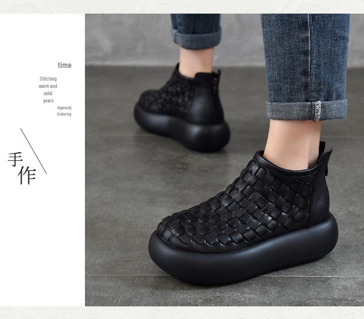 Women's Retro Handmade Genuine Leather Platform Ankle Boots - 2025 Design, Knitted Thick Sole, First Layer Cowhide Cotton Boots