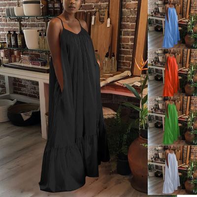 Women Fashion Casual Solid Strap Dress Pocket Loose Backless Big Swing Dress