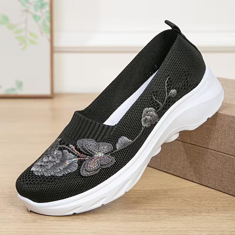 Damskie Buty Płaskie, Rozmiary Plus Size, Haftowane Buty Codzienne, Oddychające Tkane Fly Weave Wsuwane Buty Lazy dla Kobiet