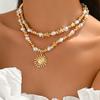 2Pcs Gold Layered Necklace Set Baroque Imitation Pearl Sun Pendant Boho Adjustable Summer Beach Jewelry for Women