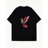 Damen Freizeit T-Shirt Weiß Bunter Kolibri-Print Sommer Mode Oberteil für Alltag und Ausgehen
