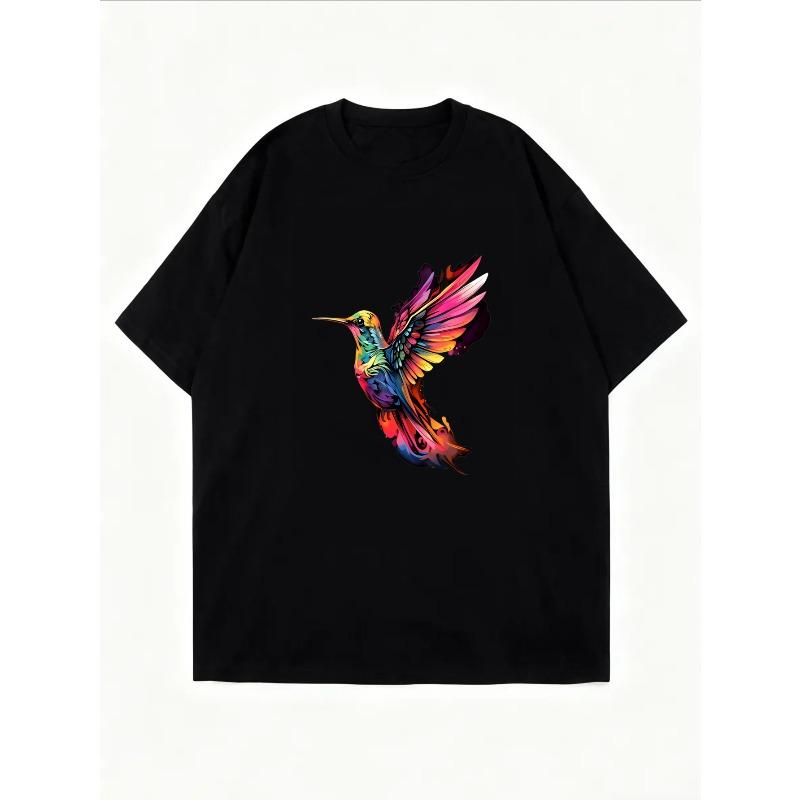 Women Casual T Shirt White Colorful Hummingbird Print Summer Fashion Top For Daily Wear And Outing