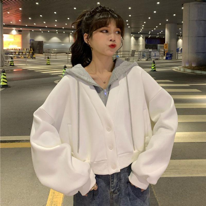 

Женские толстовки с капюшоном, укороченные поддельные из двух частей, корейская модная одежда с капюшоном, подростковая темперамент, стильная уличная одежда, девичья опрятная милая дизайнерская одежда XL белый