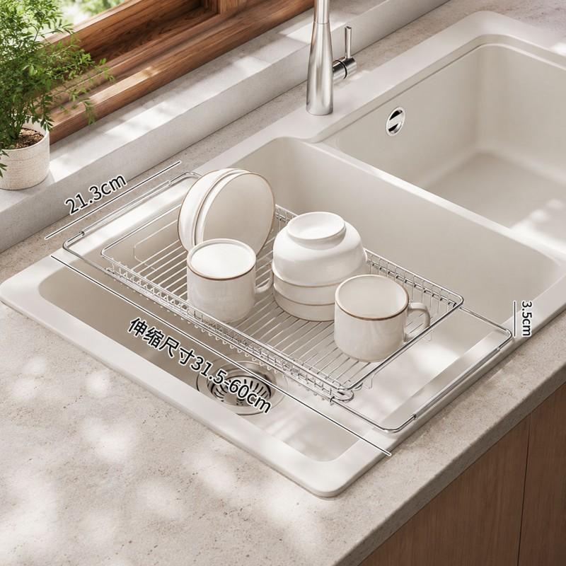 Stainless Steel Expandable Sink Drain Rack Kitchen Counter - Large Capacity Dish Drying Organizer Plates Bowls Utensils