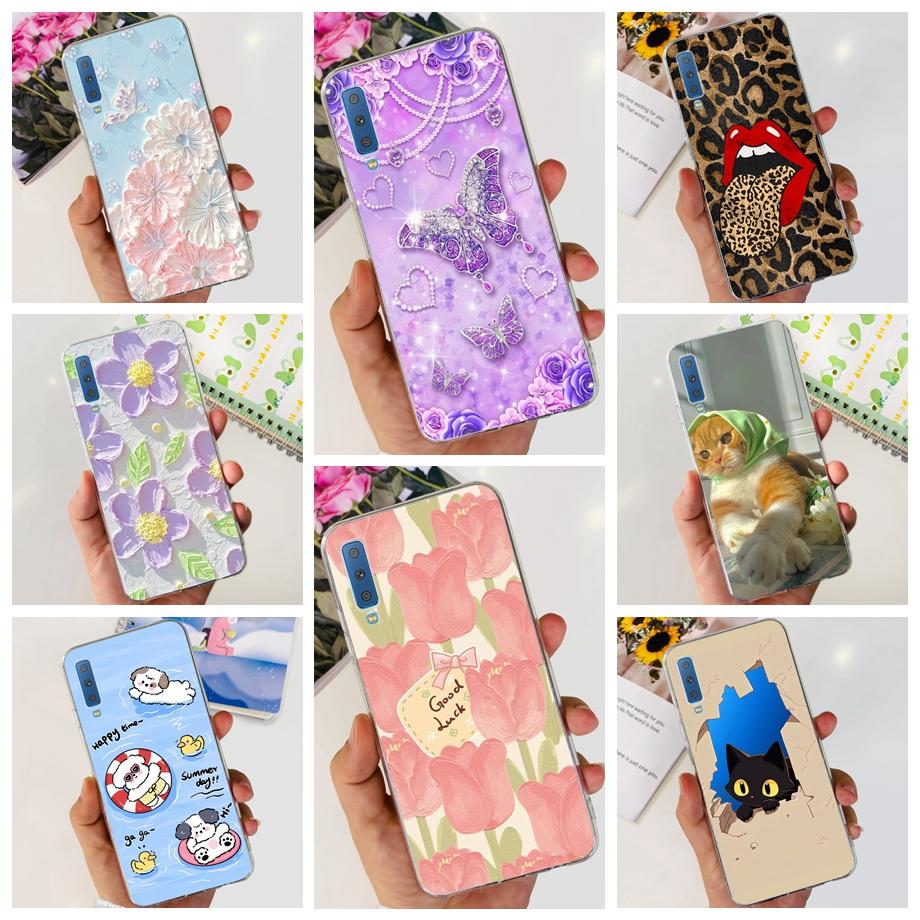 Luxuly Clear Silicone Back Cover For Samsung Galaxy A7 2018 Case 6.1" SM-A750F Bumper Fundas Soft TPU Women Fashion Rose Flower