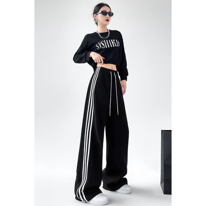 

Женские спортивные брюки Slim-Fit в полоску с высокой талией - Коллекция Весна/Осень 2024, свободный повседневный стиль с кружевом