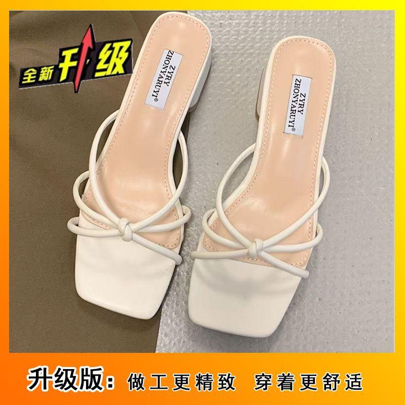 Korean version of thin belt fairy gentle thick heel slippers summer wear two wear French evening sandals women's 2025 new models