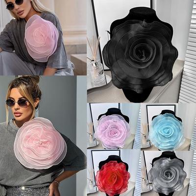 Handmade Rose Flower Patch Brooch Accessories Artificial 3D Flower Corsage Clothing Dress Neck Decoration Organza