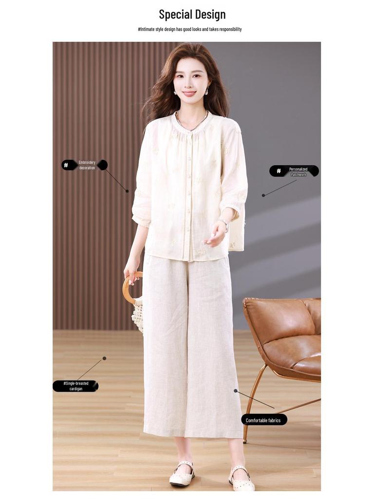 Women's Summer Fashion: New Chinese Style Loose Ramie Two-Piece Set for Middle-Aged Mothers