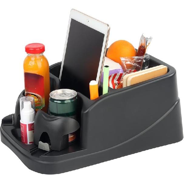 Universal Big Center Console for Cars, Trucks, Minivans, SUVs, Car Console Organizer with 2 Adjustable Cup Holders, Seatbelt for Secure Hold Car Seat