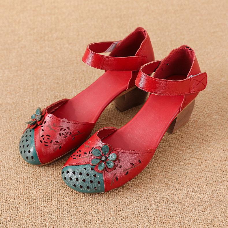 2025 Summer Genuine Leather Shoes Gladiator Sandals Women 4cm High Heels Classic Black Round Toe Hollow Ladies Sandals