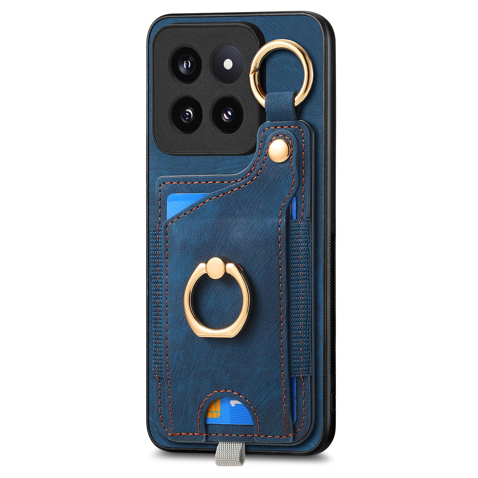 

For Xiaomi 14 Pro Case Shockproof Retro Leather Phone Back Cover with Card Slot Blue