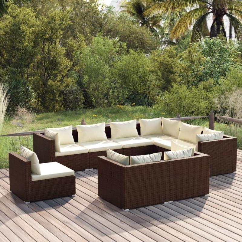Día y Noche - Día y Noche Set muebles de jardín 9 piezas y cojines ratán sintético marrón