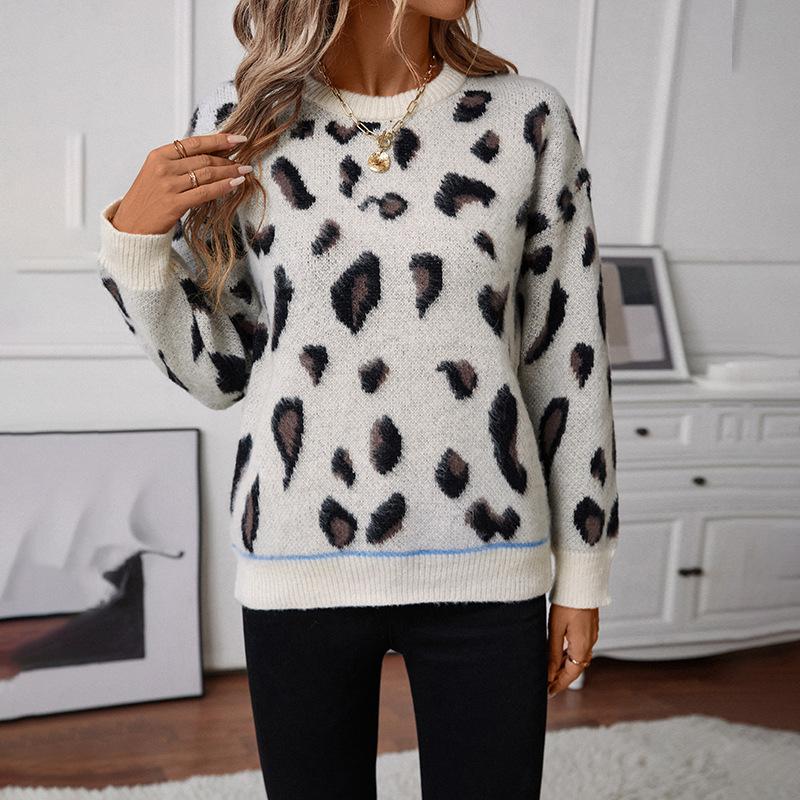Damen Strickwaren Herbst und Winter Locker Rundhals Gebürsteter Leopardenmuster Jacquard Pullover