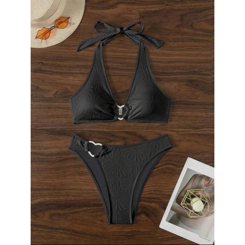 

Floral Jacquard Heart Bikini White Y2K Triangle Halter Bandage Push Up Swimsuit Tanga Women Backless Vacation Swimwear Beach Set L чёрный