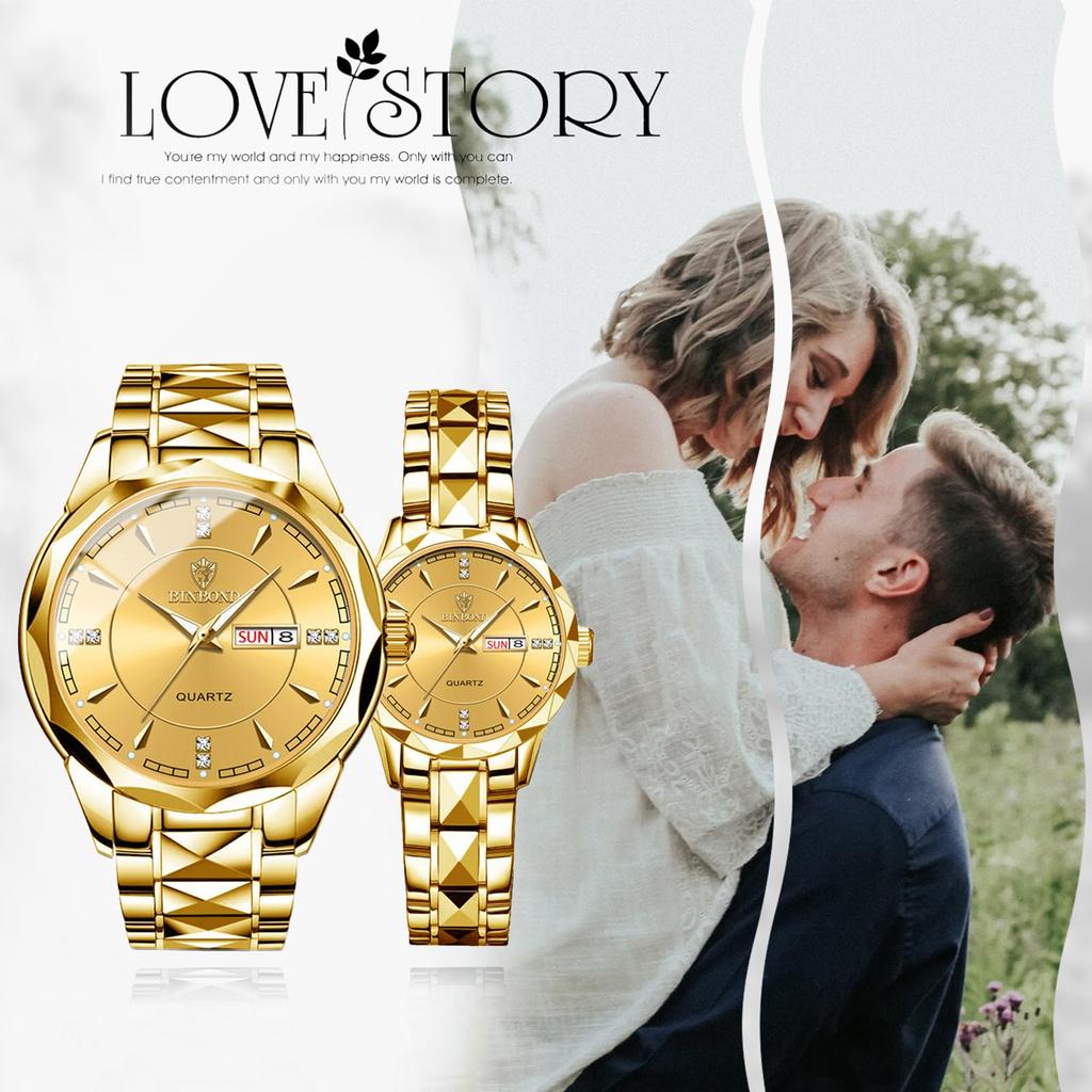 Damen Goldene Analoguhr mit Schlichtem Design, Tagesanzeige, Kalender, 3ATM Wasserdichtigkeit, Edelstahlarmband, Lässiger und Business-Stil -