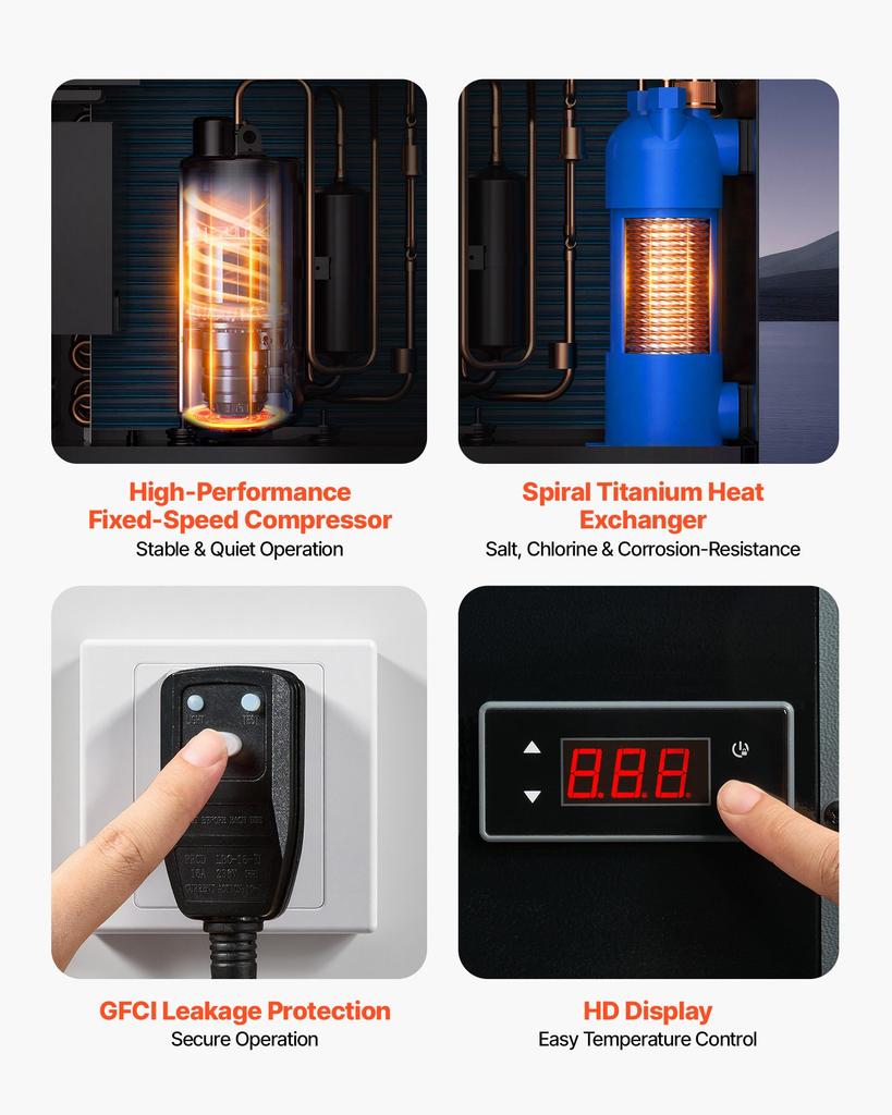 VEVOR 4920 W Pool Heat Pump, Electric Pool Heater for Above Ground Up To 18 M³, Max COP 5.29, Low Noise, GFCI Protection