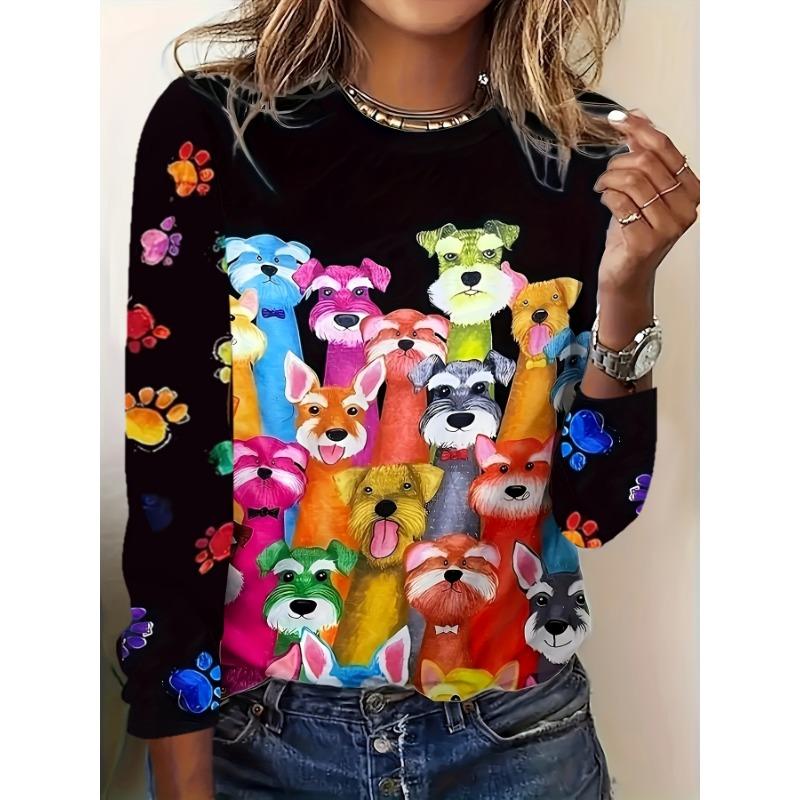 Vintage Women's Long Sleeve T-shirts Halloween Theme Witch Pattern Streetswear Polyester Tops Casual Pullover Women's Clothing
