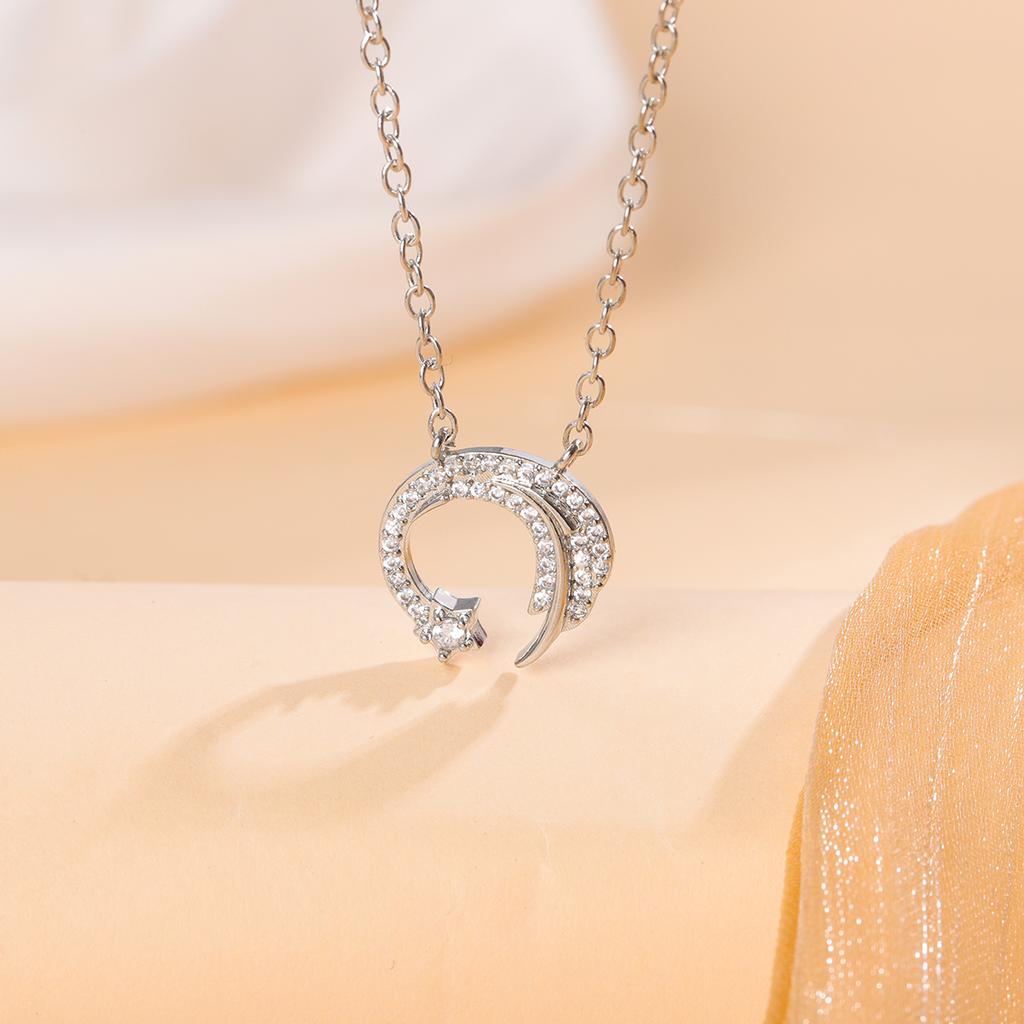 Fashion 925 Sterling Silver Moon And Star Crystal Pendant Necklaces
