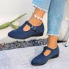 Summer Women's Suede Wedge Shoes T-Strap Buckle Close Toe Comfort Casual Mom Shoes