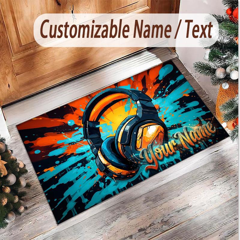 Music DJ Theme Soft Crystal Velvet Rug Custom Name & Text Print Non Slip Floor Rug for Bedroom Living Room