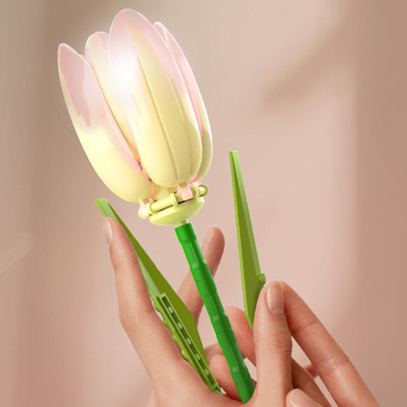 DIY 3v1 Růžové Žluté Tulipány Rostliny Romantický Mír a Naděje Valentýnské Zahrady Stavební Bloky Model Cihličky Dětské Sady Kity