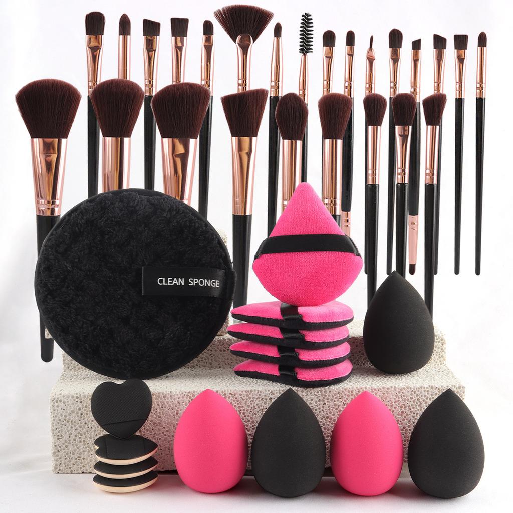 47-Piece Face Makeup Brush Set with Nylon Bristles Plastic Handle Travel-Friendly Bag & Puff-Cross Border
