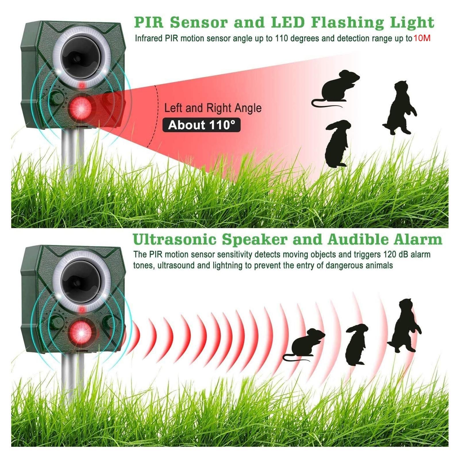Ultrasonic Animal Deterrent Solar Powered, Outdoor IP66 Watertight Cat Deterrent with PIR Sensor, 5 Modes, Flashing