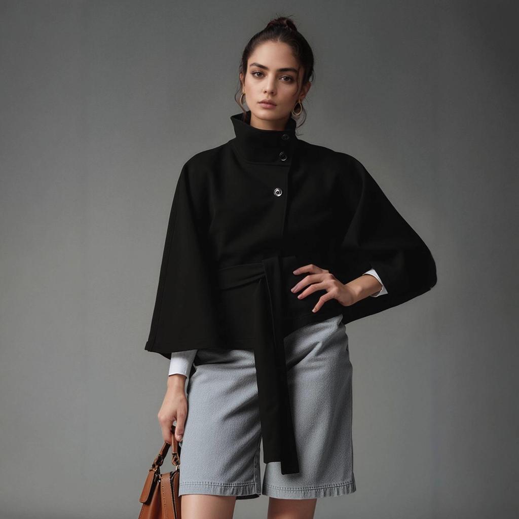 European and American Women's Autumn/Winter Wool Cape Coat with Stand Collar and Belt