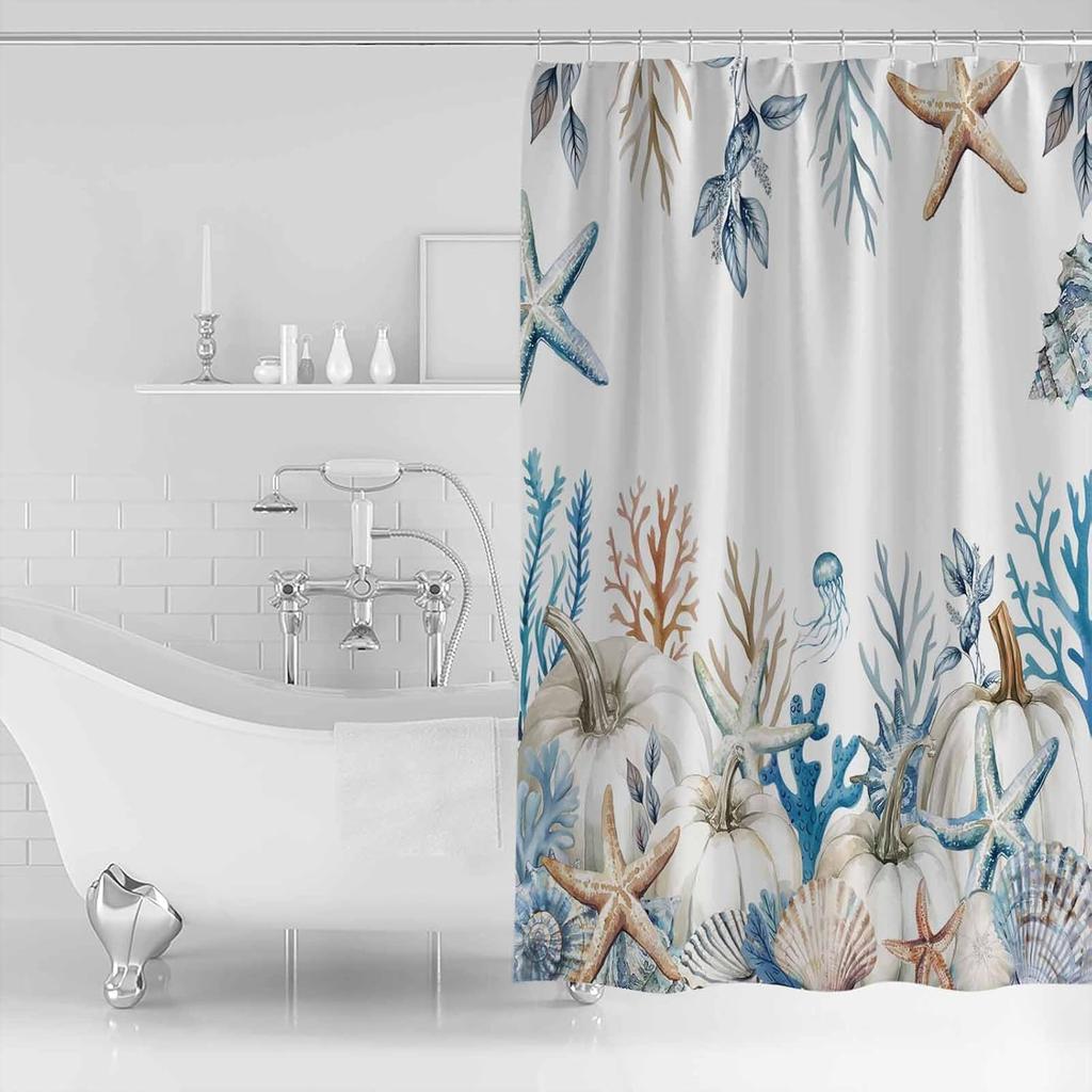 Fall Shower Curtain, Ocean Sea Thanksgiving Bathroom Shower Curtains, Seasonal Vintage Pumpkin Starfish Jellyfish Shell Shower Curtain with Hooks