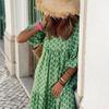 Women Bohemian Floral Print Dress V Neck A Line Maxi Beach Dress with Puff Sleeves Casual Loose Printed High Waist Swing Hem Dress for Beach Party