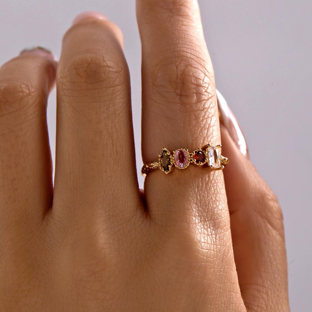 Minimalist Geometric Multicolor Cubic Zirconia Copper Ring for Women Modern Rainbow Stackable Statement Finger Jewelry