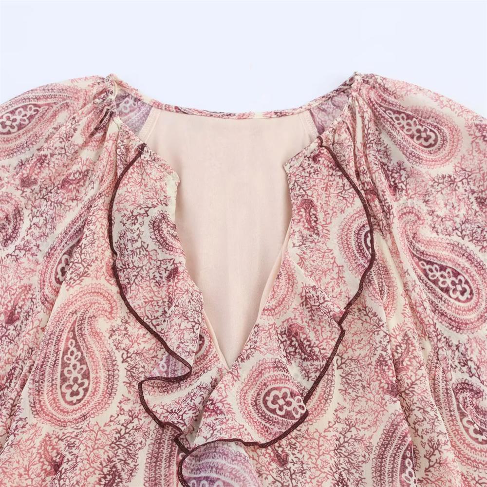 Temperament Layered Decorative Printing Loose Long Sleeve V-Neck Dress Summer New Arrival Women's Clothing