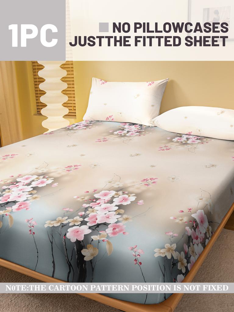 1 Simple Modern Plant Flower Printed Matte Fitted Sheet, Bedroom Printed Bed Cover, Bedding (Excluding Pillowcases)