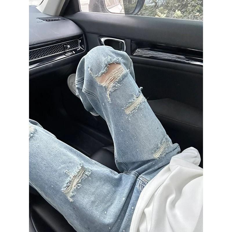 American Retro Blue Hot Diamond Ripped Jeans Trendy Brand Ruffian Handsome Fried Street Pants Men's Cleanfit Straight Pants