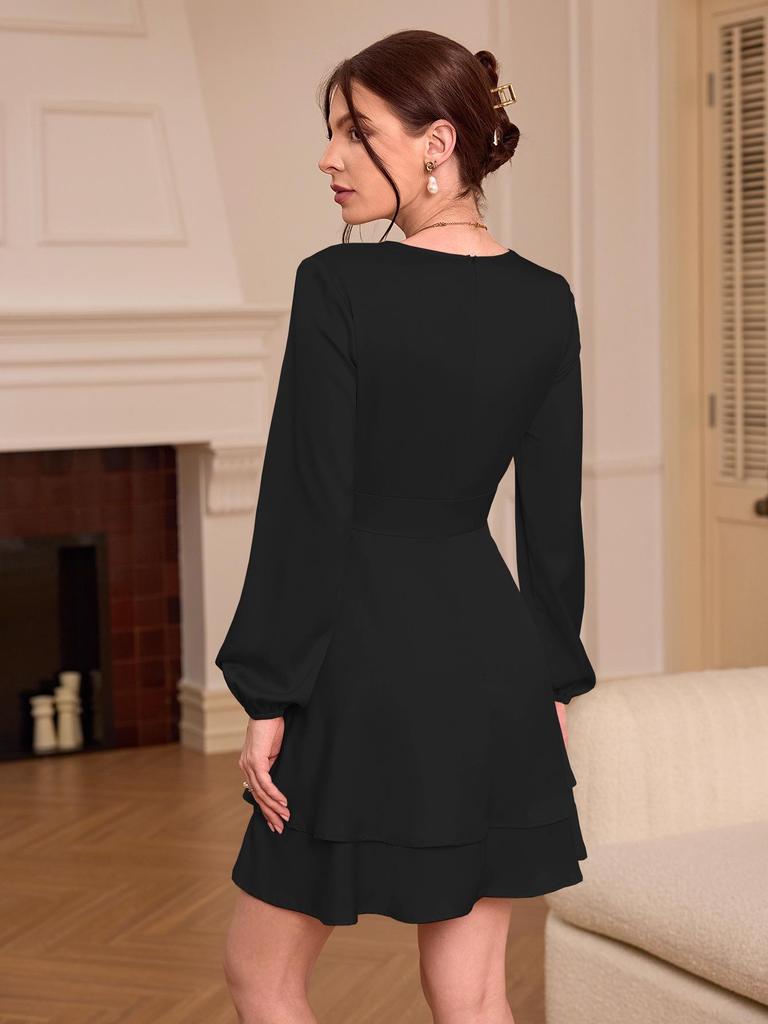 European and American Women's V-Neck Satin Dress - Elegant Spring/Summer Style with Lantern Sleeves and Slim Fit.