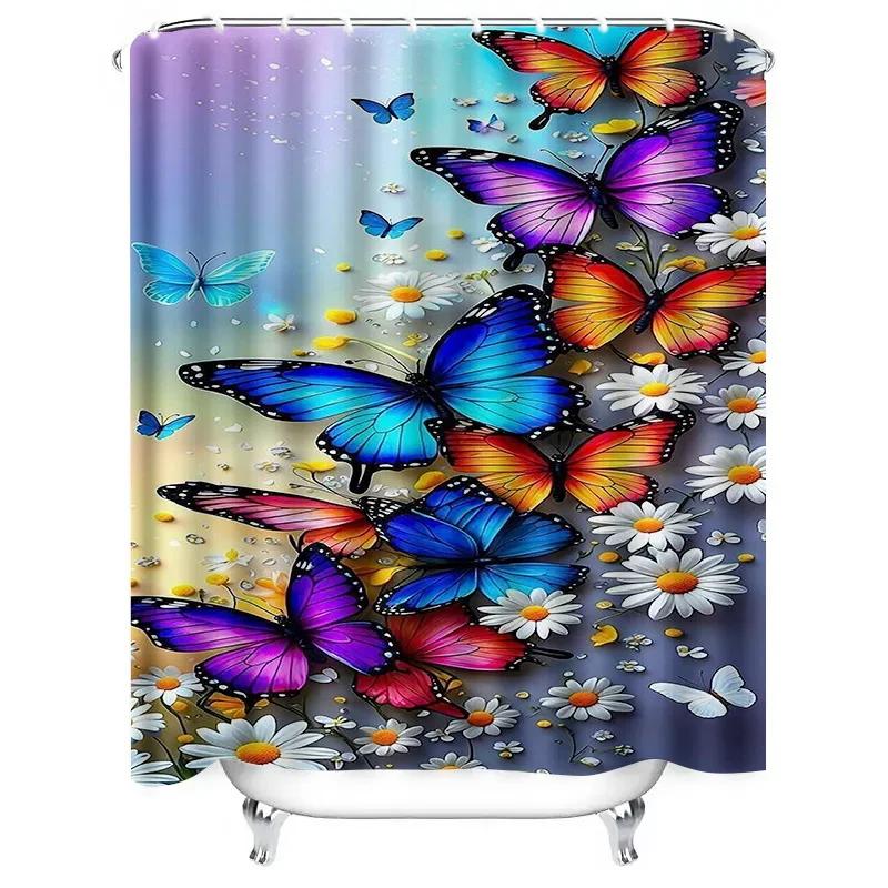 Colorful Butterflies And Daisies Waterproof Shower Curtain Heat Resistant Machine Washable Non-Transparent 180X180Cm