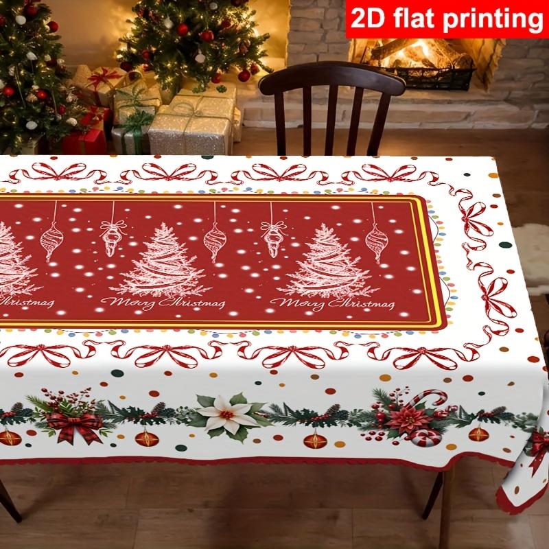 Tablecloth with Embossed Edges , Featuring a Merry Christmas Theme for Parties, Adorned with a Buffalo Check Bow, Poinsettias, Christmas Trees