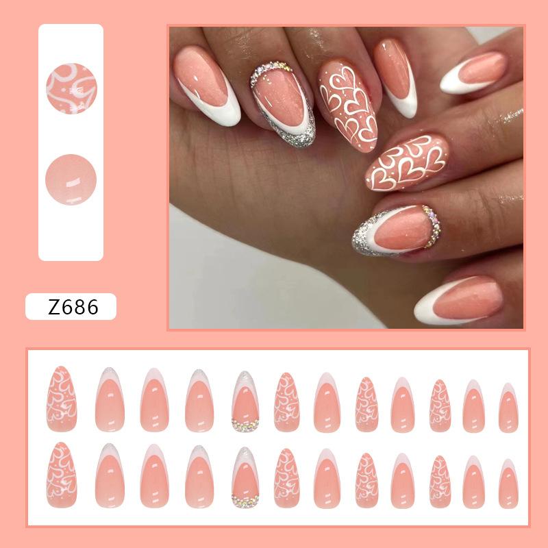 Simple pure white love French glitter diamond manicure European and American almond nail ins wind diamond model wearing nail piece