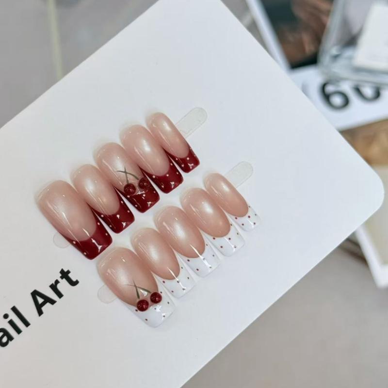 10Pcs Red White French Press on Nails - Cherry & Polka Dot Fake Nails XS