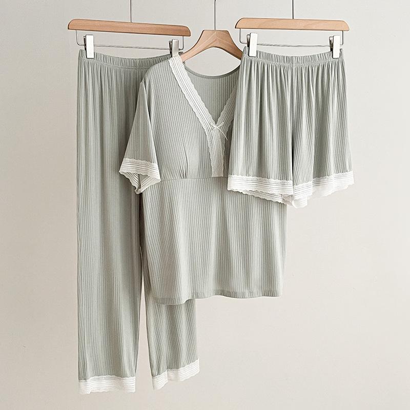 

Women s Summer Pajama Set - Three-Piece Short-Sleeve Top, Long & Short Pants with Chest Pads, Lace Design, Wear Indoors or Out. One Size