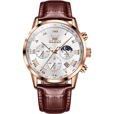 Men's Leather Waterproof Analog Watch Stylish Simple Quartz Brown Date Day White Lightweight