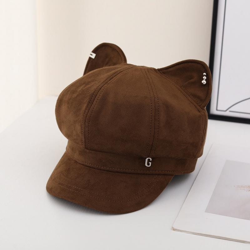 New Black Octagonal Hat Ins Wind Cat Ear Metal Label Newsboy Hat Autumn and Winter Versatile Face Hat