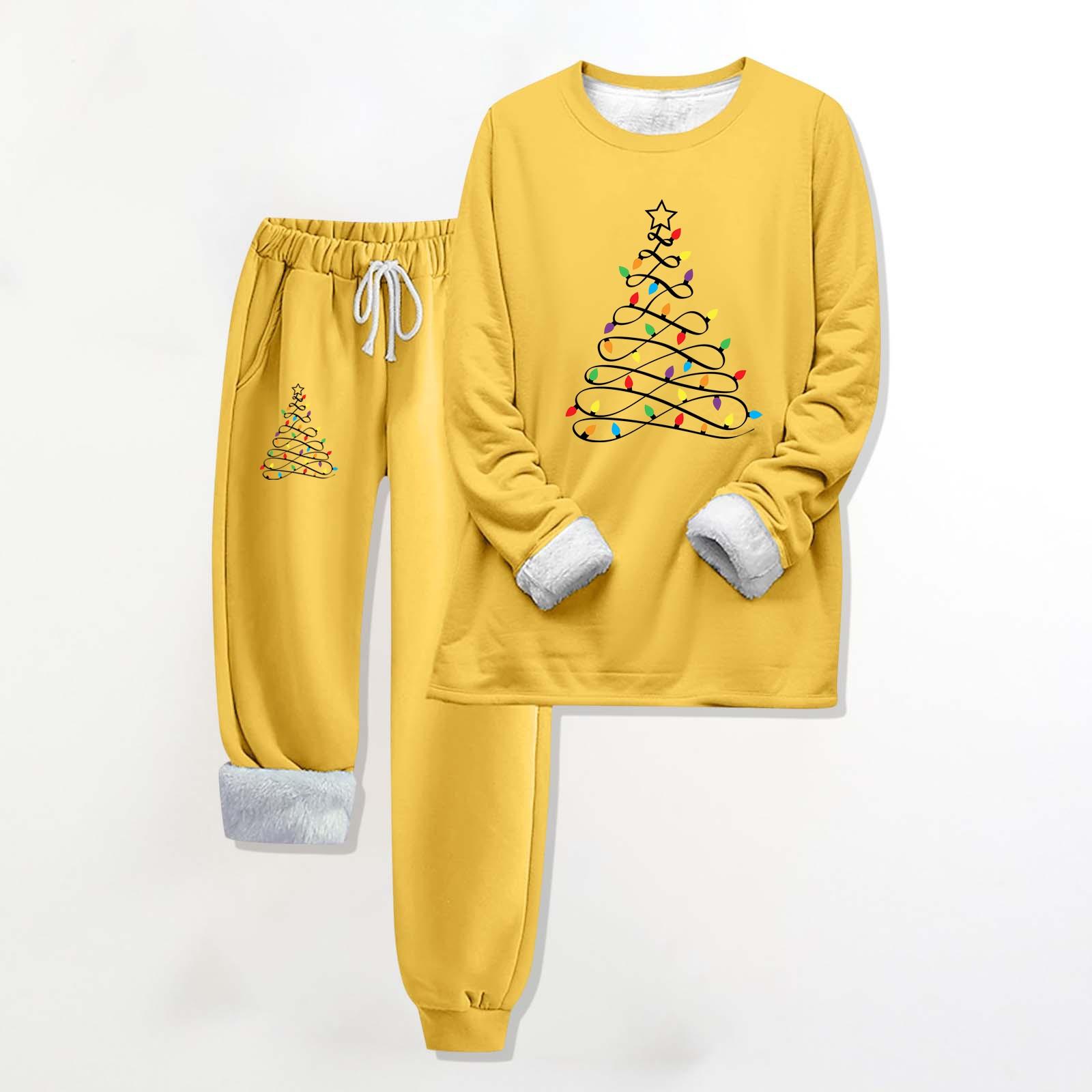 

Комплект из двух предметов для женщин, теплый спортивный комплект с флисовой подкладкой, свитшот с круглым вырезом и длинными рукавами, с рождественским принтом, спортивные штаны с завязками на талии XXXL жёлтый