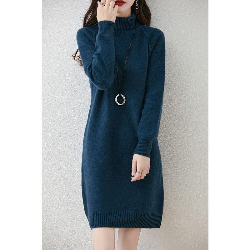 Pile collar warm bottom pullover sweater skirt women's autumn and winter new medium and long inner thick knitted sweater dress women